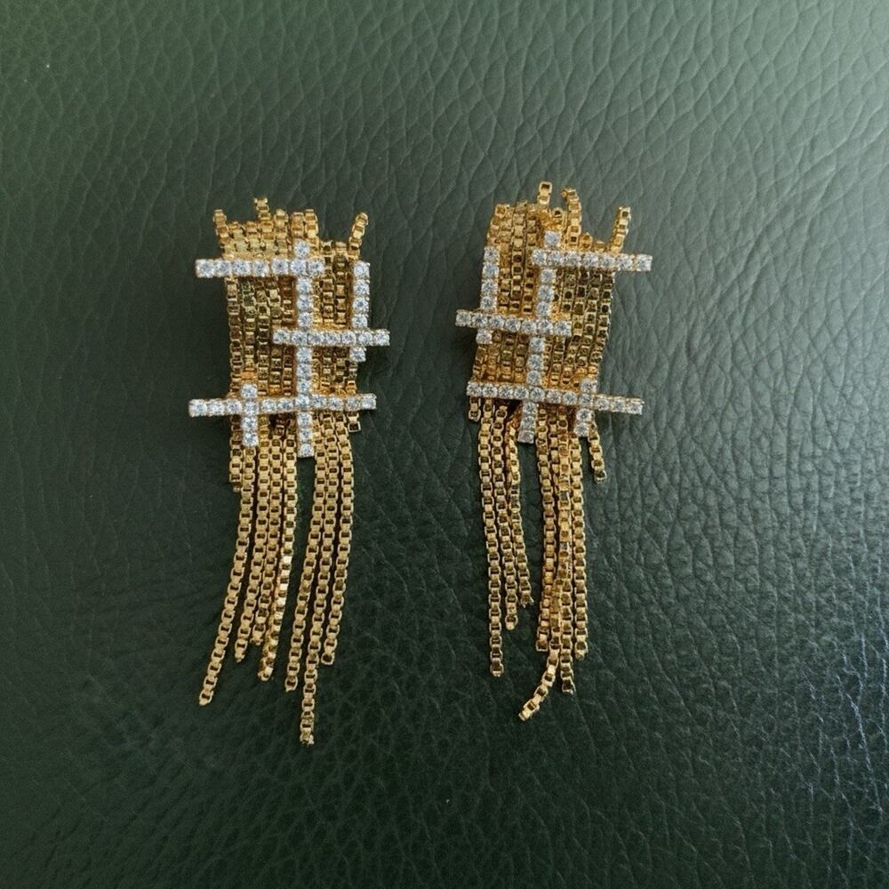 Gold Tassel Fringe Chain Stud Earrings Crystal CZ Geometric Sculptural Statement - Picture 3 of 8